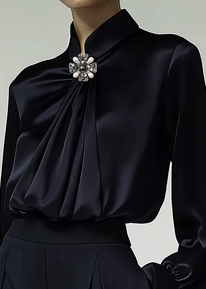 Navy Stand Collar Wrinkled Silk Shirt Top Spring