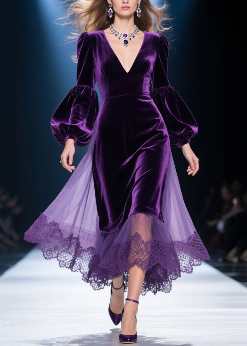 Purple V Neck Lace Tulle Patchwork Velvet Dress Fall