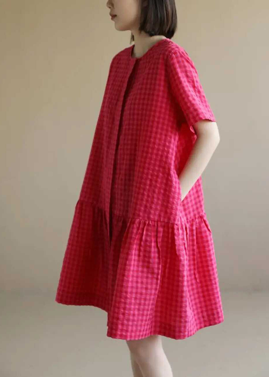 Red O Neck Plaid Cotton Mid Dresses Summer