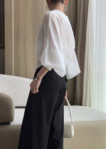 White V Neck Asymmetrical Silk Thin Shirts Spring