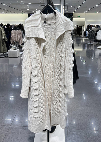 Stylish Beige Peter Pan Collar Cable Knit Cardigans Spring