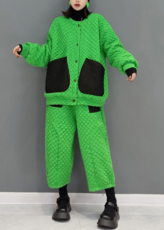 Green Pockets Patchwork Fine Cotton Filled Two Pieces Set Fall