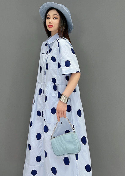 Blue Peter Pan Collar Dot Print Pockets Shirt Dresses Short Sleeve