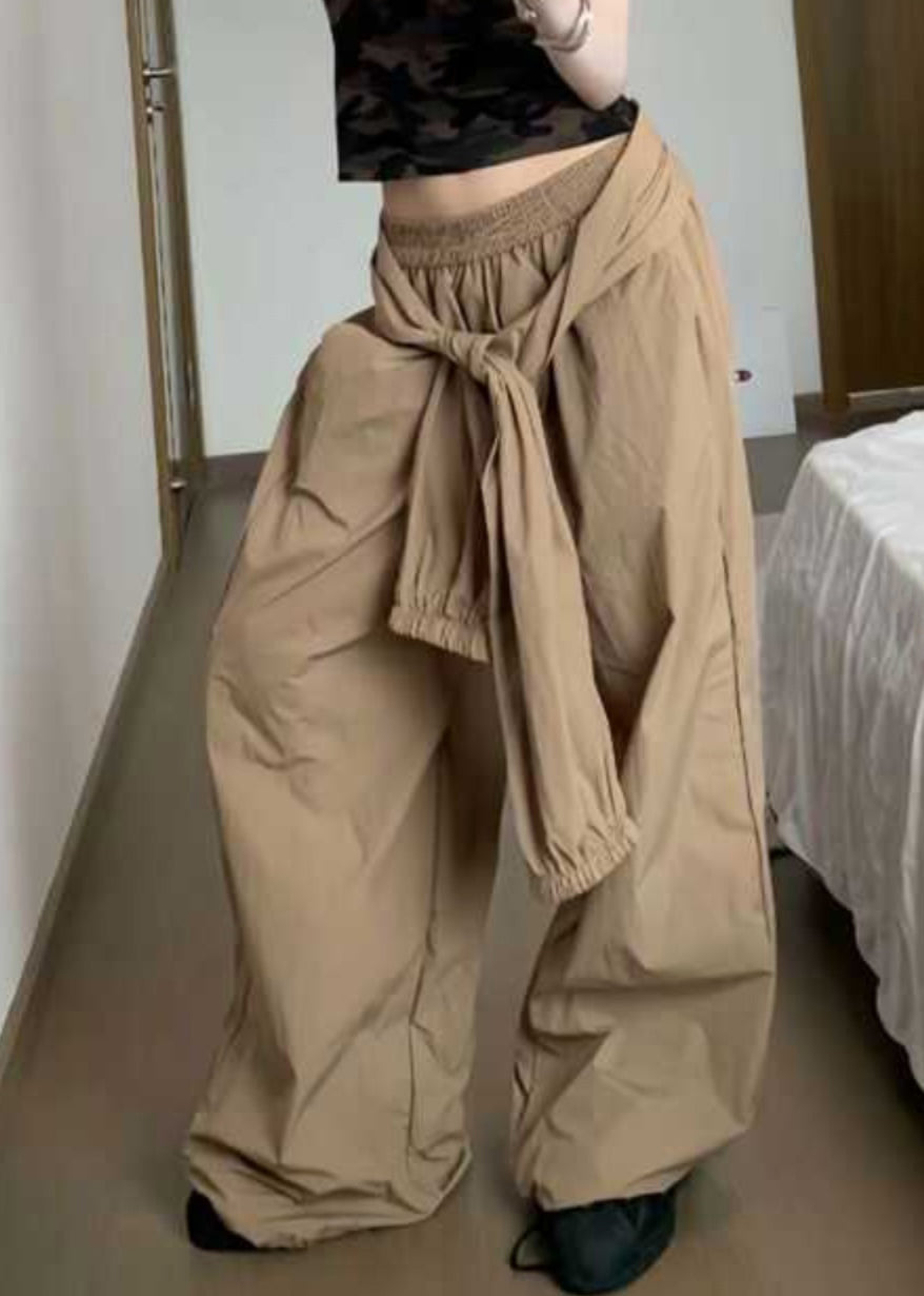 Khaki Pockets Elastic Waist Cotton Pants Summer