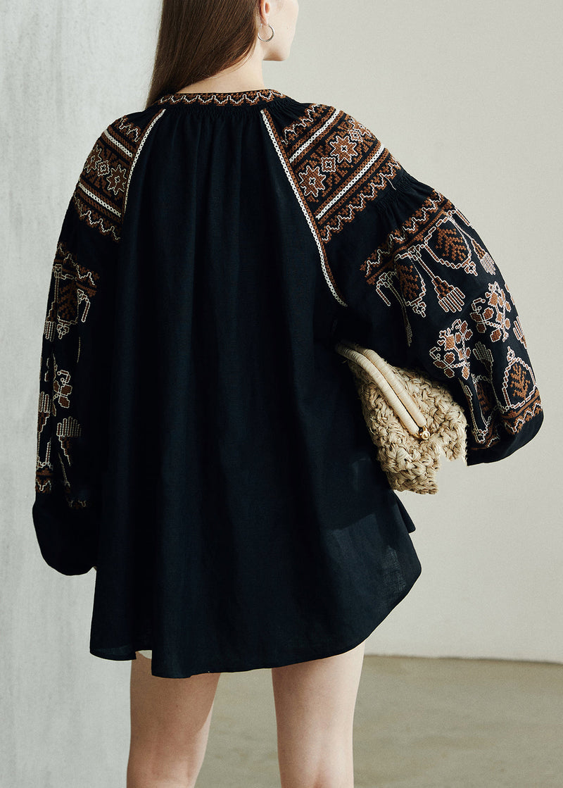 Loose Black Printing Patchwork Linen Shirts Puff Sleeve