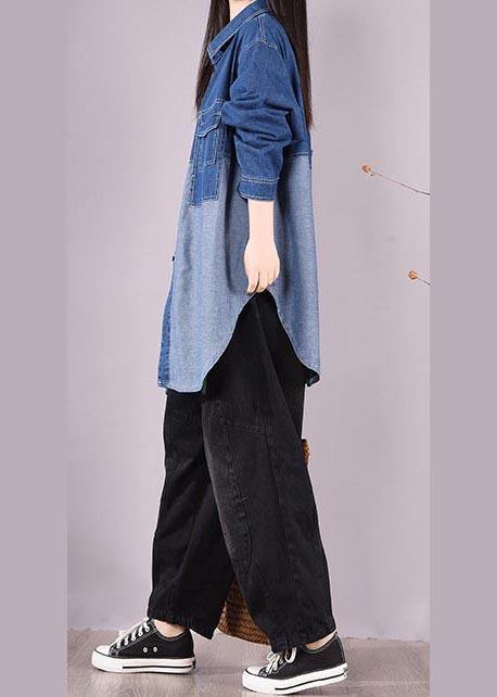 Denim Light Blue Long Shirts Lapel Patchwork Oversized Blouse