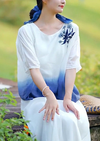 Gradient Color O Neck Embroideried Linen T Shirt Summer