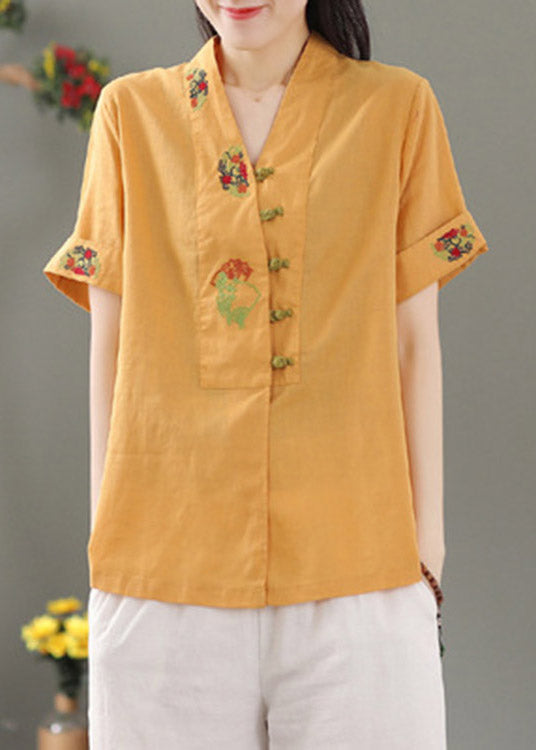 Yellow V Neck Embroideried Button Shirt Short Sleeve
