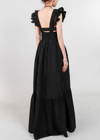 Black Pockets Cotton Dress Square Collar Butterfly Sleeve