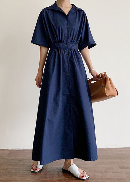 Modern Navy Peter Pan Collar Wrinkled Cotton Dress Half Sleeve