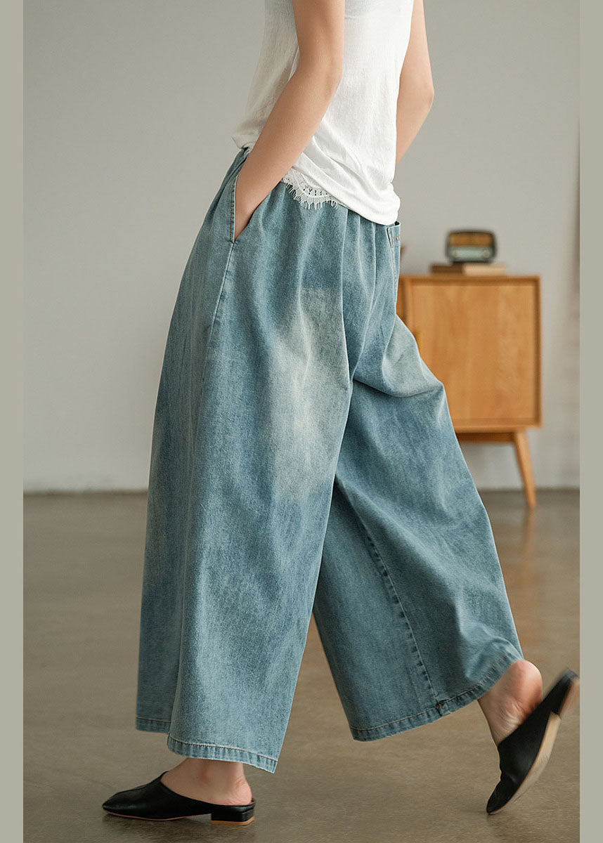 Loose Blue Cinched Pockets Denim Wide Leg Pants Spring