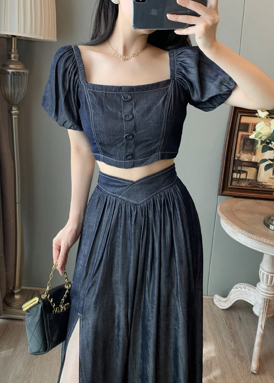 Navy Square Collar Side Open Denim Two-piece Set Summer