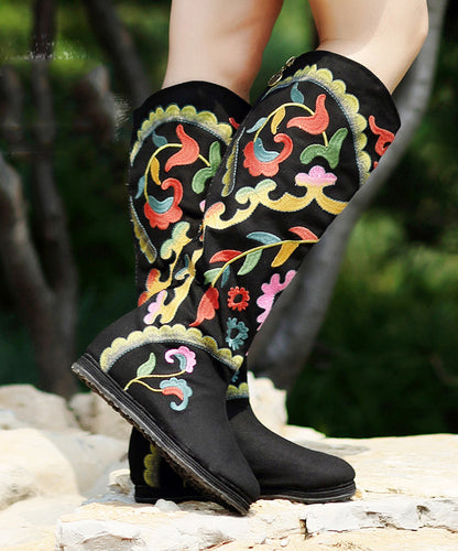 Black Embroideried Cowgirl Boots Cotton Fabric Zippered Knee Boots