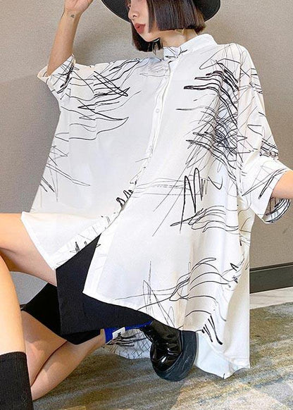 White Print Button Low High Design Cotton Blouses Fall
