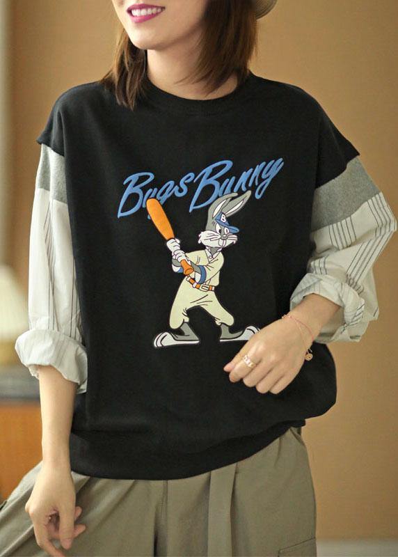 Modern Black O-neck Print Patchwork Fall Loose Sweatshirts Top