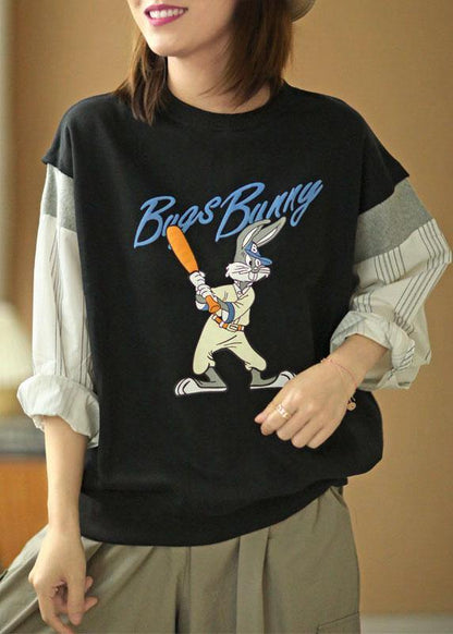 Modern Black O-neck Print Patchwork Fall Loose Sweatshirts Top
