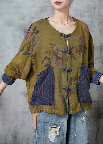 Grass Green Chinese Button Patchwork Linen Top Spring