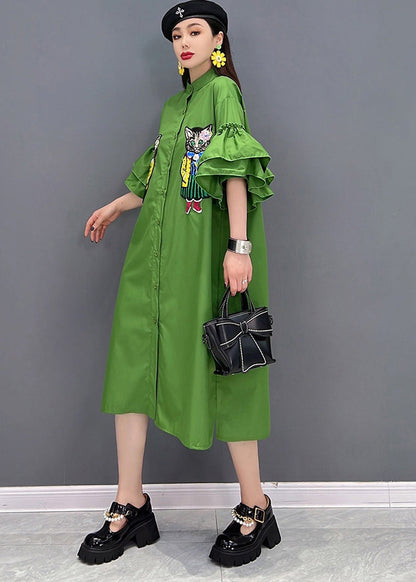 Green Stand Collar Cat Embroideried Shirt Dress Ruffles Sleeve