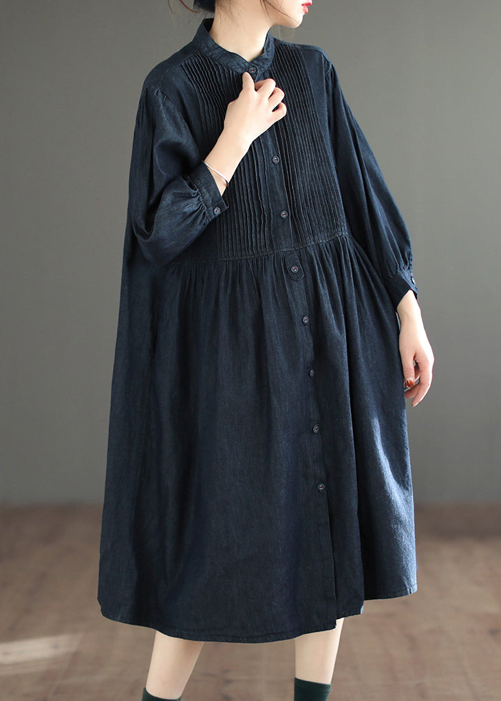 Navy Button Denim Blouses Dresses O Neck Long Sleeve