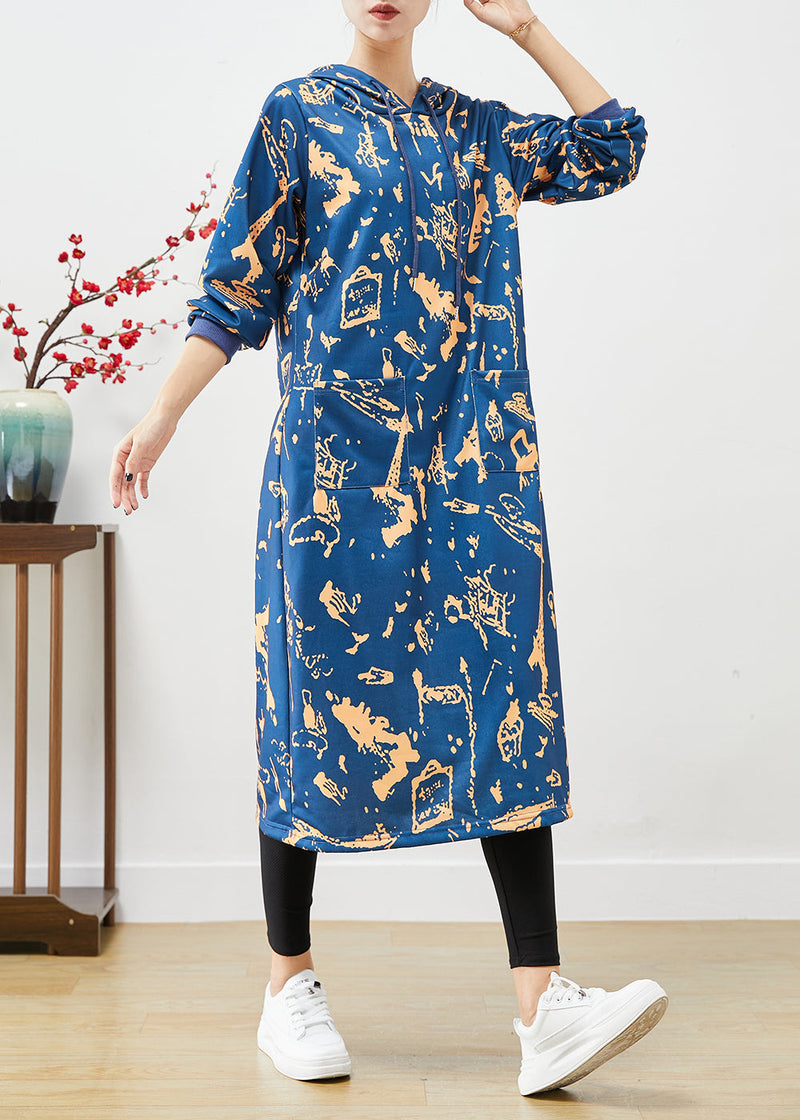 Blue Hooded Print Cotton Sweatshirts Dress Fall