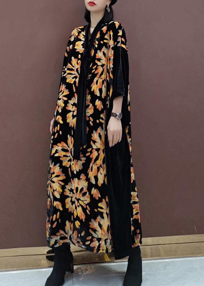 Natural V Neck Patchwork Spring Tunics for Fabrics Black Print Kaftan Dress