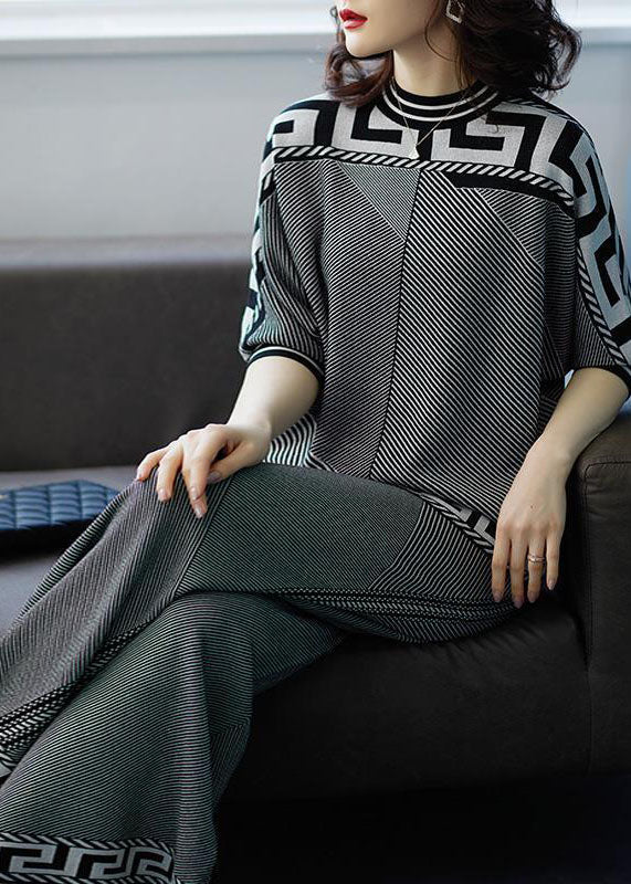 French Grey O-neck Striped Silk Sweatshirt Sets 2 Pieces Fall