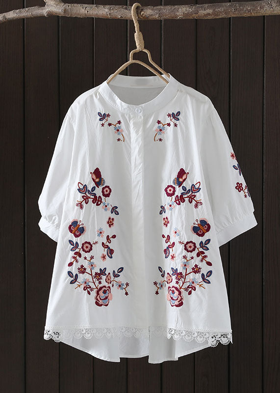 Navy Embroidered Low High Design Cotton Blouse Top Summer