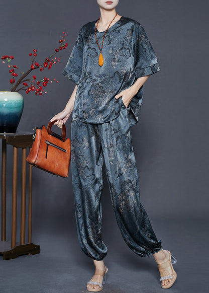Navy Oversized Print Silk Two Pieces Set Summer