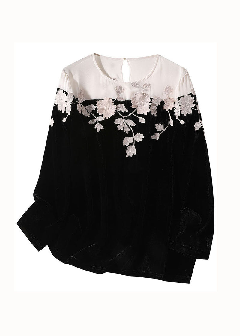 Black Embroideried Patchwork Silk Velour T Shirt Spring