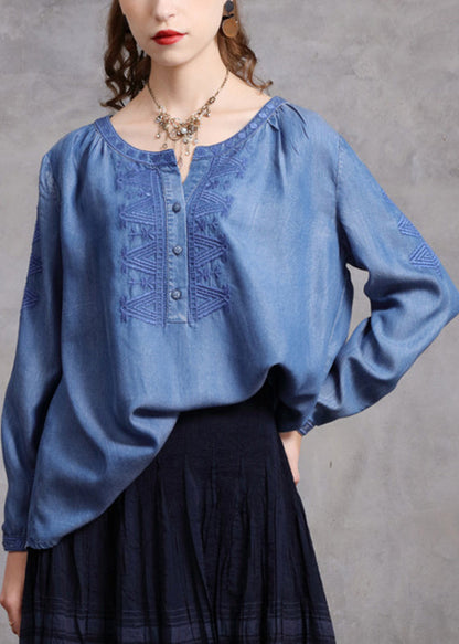 Brief Blue O-neck Embroidered Button Denim Shirts Spring
