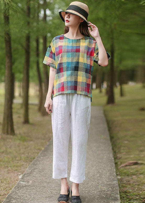 Style Yellow O-neck Plaid Cotton Top Short Sleeve