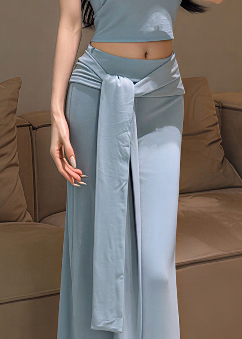 Italian Sky Blue Wraped Cotton Straight Skirts Spring