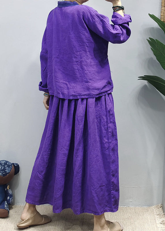 Chinese Style Purple Tie Waist Patchwork Linen Shirt Top a Line Skirt Two Piece Suit Set Long Sleeve