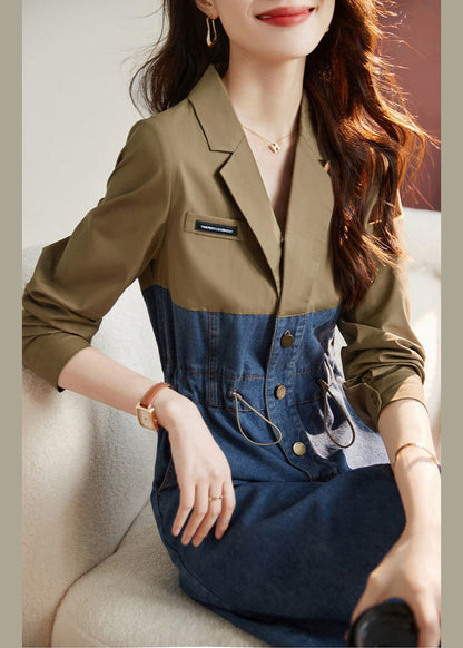 Colorblock Drawstring Pockets Patchwork Dresses Long Sleeve