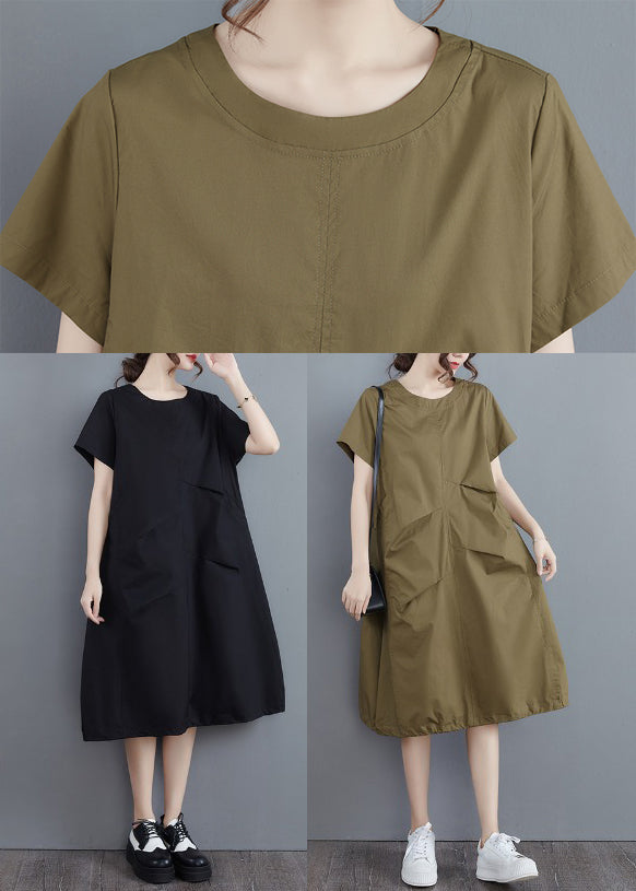 Army Green Ruffles O-neck Cotton Dress Short Sleeve
