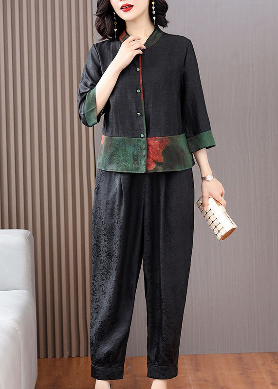Fine Black Print Button Shirts and Crop Pants Silk Two Piece Set Fall