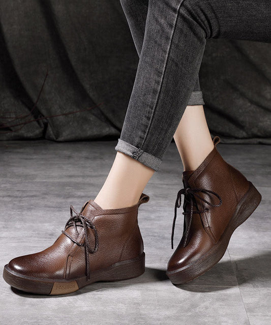 Chocolate Cowhide Leather Warm Fleece Boots Lace Up Shelsea Boots