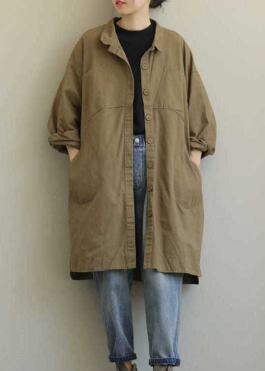Khaki Peter Pan Collar Pockets Patchwork Cotton Coat Long Sleeve
