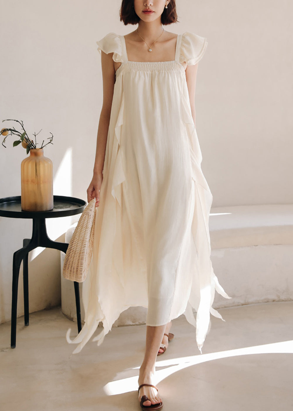 Apricot Square Collar Silk Dresses Summer