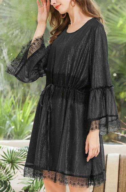 Navy O-neck Chiffon Flare Sleeve Spring Mid Dress
