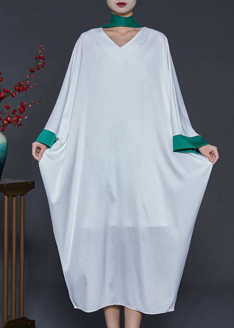 White Oversized Patchwork Silk Dresses Batwing Sleeve