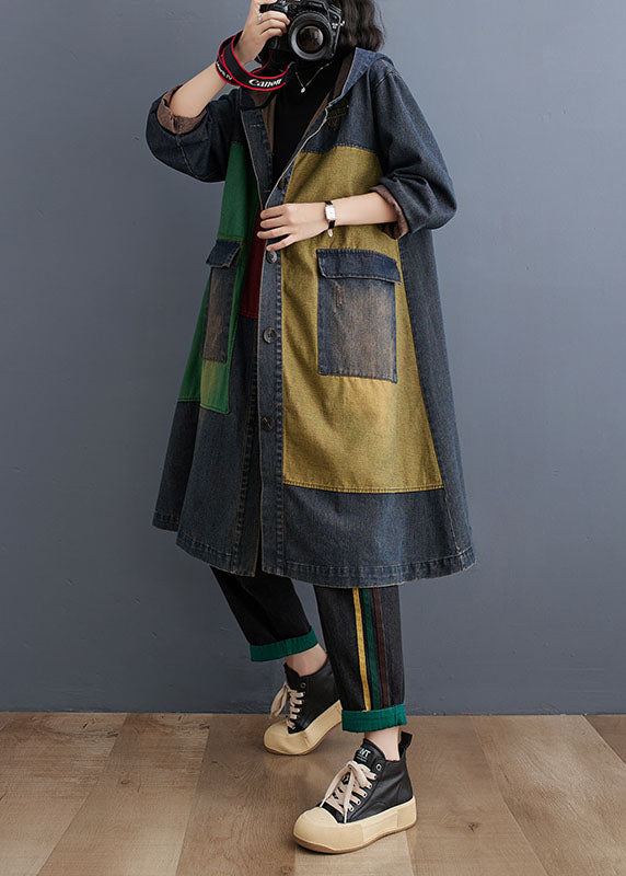 Colorblock Patchwork Button Hooded Denim Trench Coat Long Sleeve