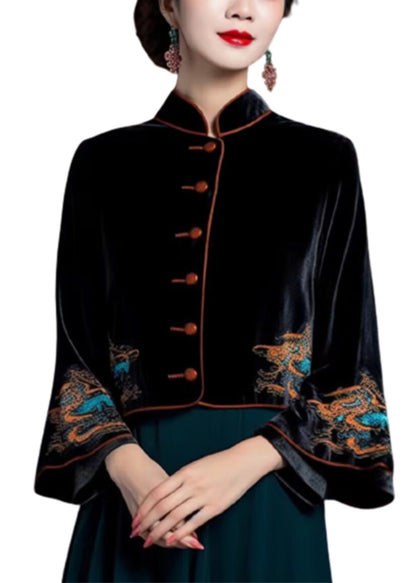 Black Embroideried Button Silk Velour Coats Flare Sleeve