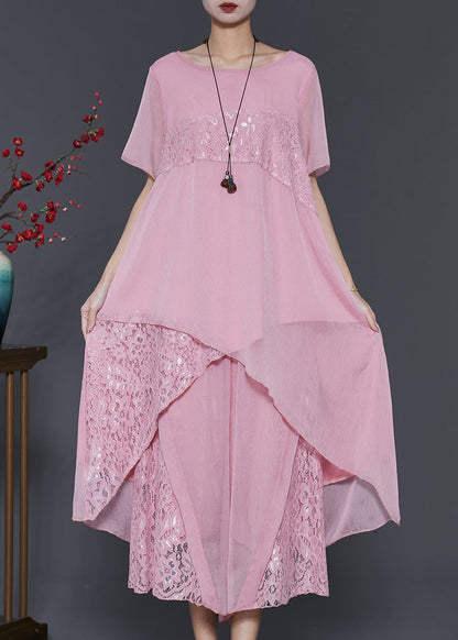 Pink Asymmetrical Patchwork Lace Chiffon Two Pieces Set Summer