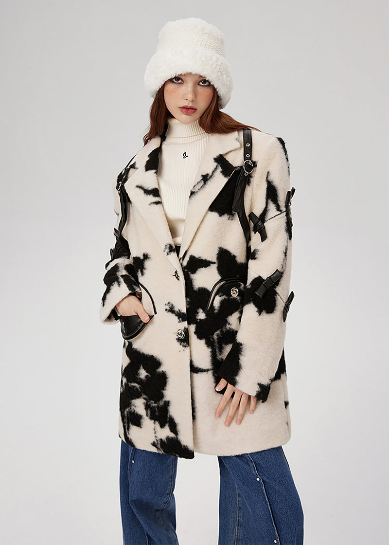 Black White Print Bow Woolen Coats Spring