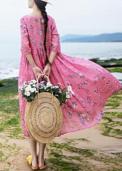 French Rose Print Cinched Pockets Maxi Summer Linen Dress