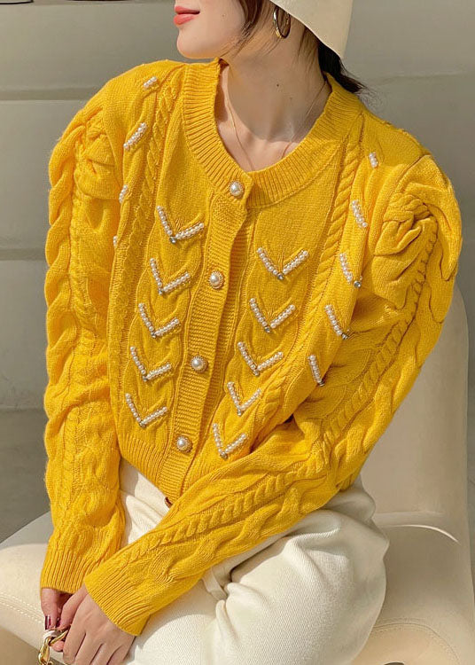 Yellow Puff Sleeve Nail Bead Knit Loose Sweaters Spring Coat