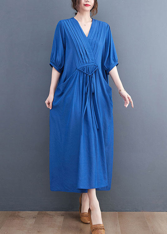 Blue Wrinkled V Neck Tie Waist Cotton Long Dress Short Sleeve