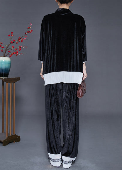 Style Black Oversized Patchwork Silk Velvet Sets 2 Pieces Fall