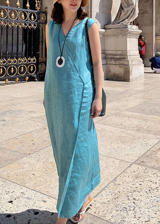 Blue Side Open Linen Long Dress Sleeveless